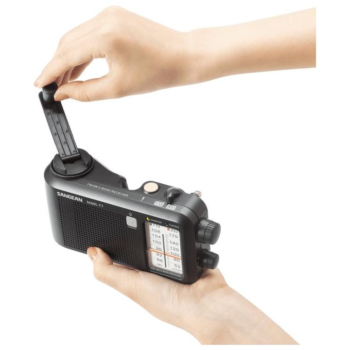 Sangean MMR-77-MB MMR-77 Radio Portatile Analogica FM AM con Manovella Dinamo Torcia Integrata Ricaricabile Antispruzzo Alimentazione Batteria Rete colore Nero