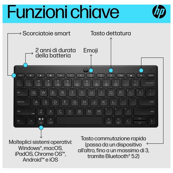 HP 692S8AA 350 Tastiera Compatta Wireless Bluetooth 5.2 Multi-dispositivo Layout Italiano Autonomia 2 anni colore Nero