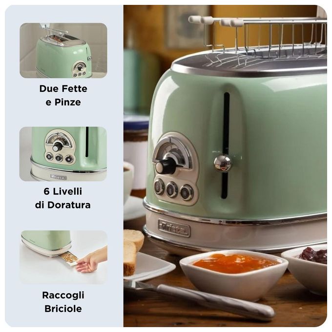 Ariete 155 Tostapane Vintage Verde 2 Fette con Pinze 6 Livelli di Tostatura 810W Corpo Acciaio Inossidabile Vassoio Raccoglibriciole Estraibile