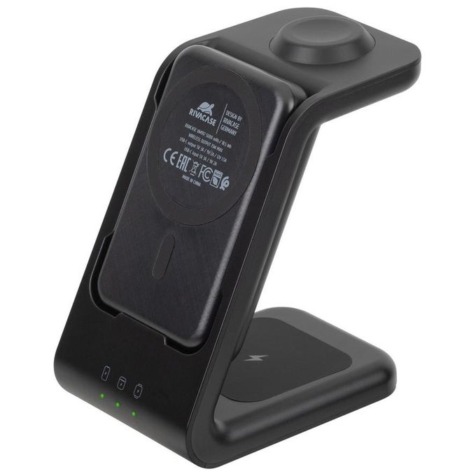 Rivacase VA4917 Caricabatterie Wireless Qi 3 in 1 MagSafe 15W Power Bank 5000 mAh Ricarica Rapida QC PD 20W colore Nero