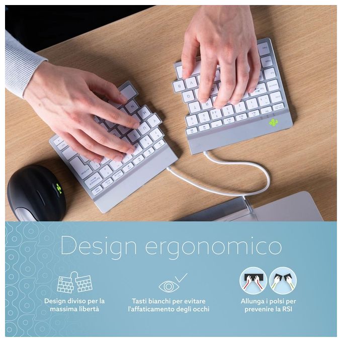 R-Go Tools RGOSBITWLWH Tastiera ergonomica split Bluetooth QWERTY italiano 60 tasti meccanismo a forbice software pausa integrato colore Bianco