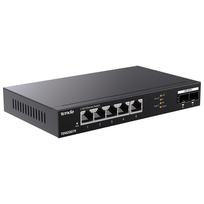 Tenda TEM2007X Switch Ethernet 2.5G 5 porte RJ45 2.5 Gbps 2 porte SFP+ 10 Gbps Plug and Play senza ventola colore Nero