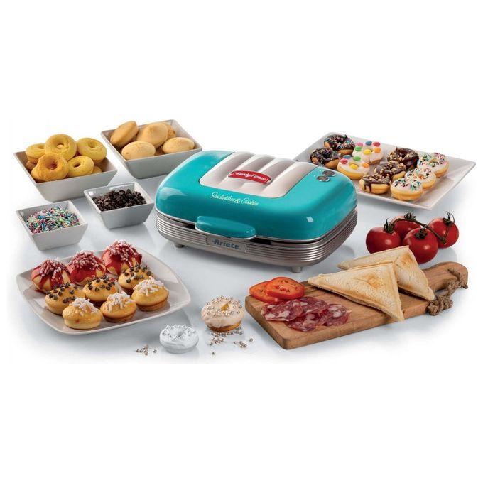 Ariete 00C197201AR0 Party Time Piastra Elettrica Multifunzione 700W 3 Piastre Antiaderenti Intercambiabili Muffin Donuts Sandwich colore Azzurro