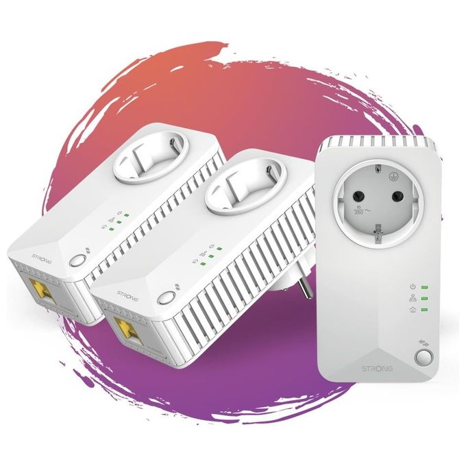 Strong PL600TRIEUV2 Kit Powerline 600 Mbps Triple Pack 3 Adattatori Presa Passante HomePlug AV AES 128 bit Plug and Play colore Bianco