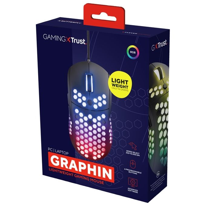 Trust GXT 960 Graphin Mouse Gaming Ottico 10000 DPI 6 Tasti RGB USB Polling Rate 1000 Hz colore Nero
