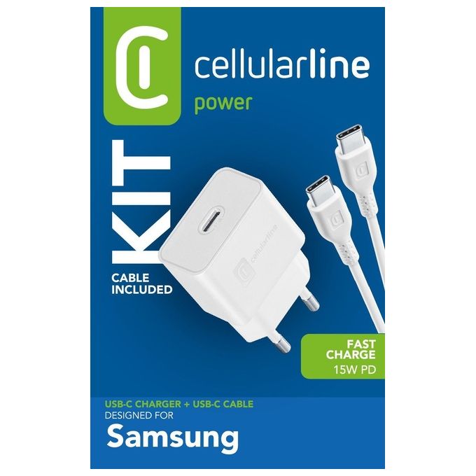 Cellularline Charger KIT_ Caricatore Usb Type-C 15W e cavo Usb Type-C 1mt Bianco