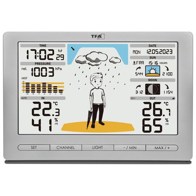 TFA-Dostmann 35.1097.54 Meteo Jack Stazione Meteo Wireless Display Colori Previsioni 12-24h Temperatura Umidita' Pressione Fasi Lunari colore Argento