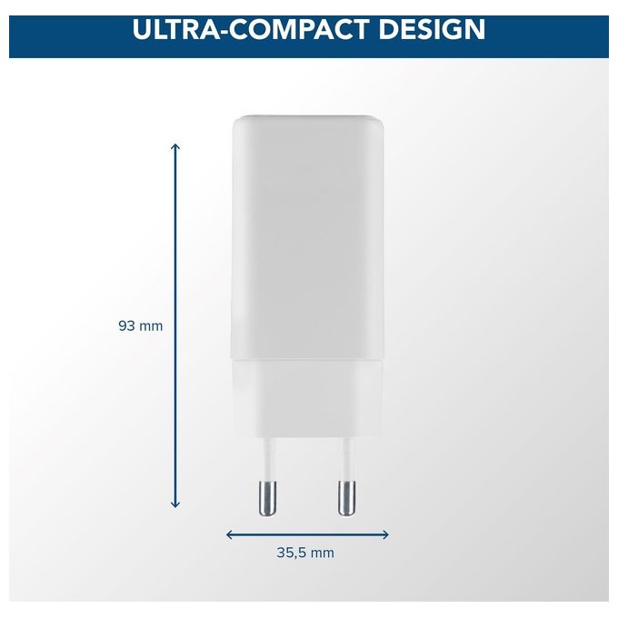 Cellularline ACHKITC2CGAN65TABW Multipower Caricabatterie da Rete 65W con Tecnologia GaN 3 Porte USB-C e USB-A Cavo Incluso 100 cm colore Bianco
