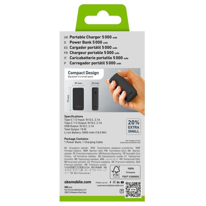 Sbs NanoTube Power Bank 5000mAh Ultra Compatto 2xUSB-C 10W