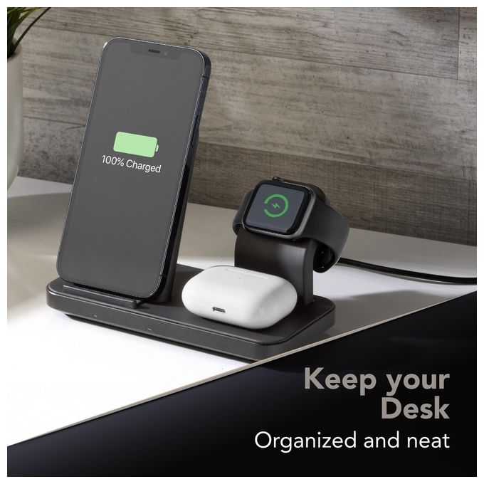 Cellularline WIRELESS3IN1IPHK Trio Wireless Charger Supporto di Ricarica Wireless 3in1 per iPhone Apple Watch AirPods 7.5W colore Nero
