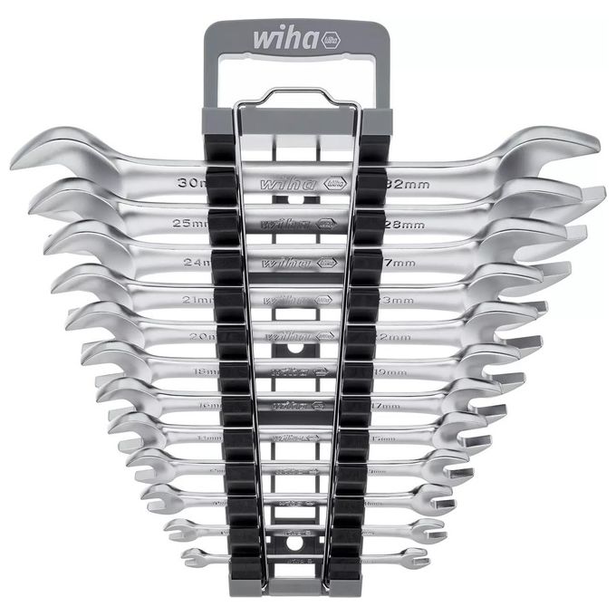 Wiha 44753 Set di Chiavi Combinate Doppie 12 Pezzi in Acciaio al Cromo Vanadio con Supporto a Parete colore Nero
