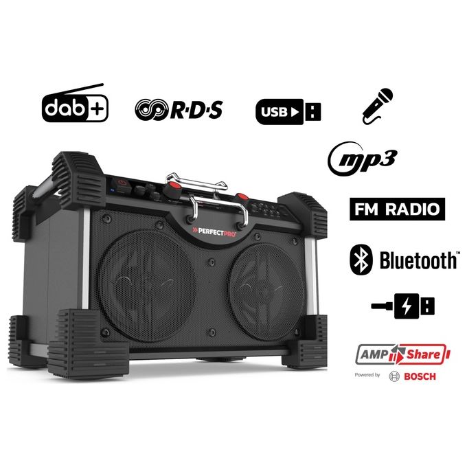 Perfectpro RH4-18V ROCKHART Radio da cantiere digitale DAB+ FM 60 W Bluetooth 5.2 IP44 colore Nero Rosso