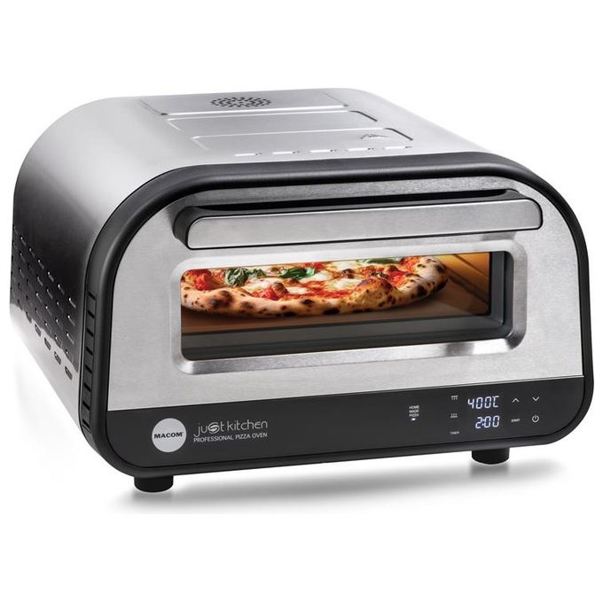 Macom 884 Just Kitchen Forno per Pizza Elettrico Pietra Refrattaria 32 cm 1700W 400°C Timer Digitale colore Nero Inox