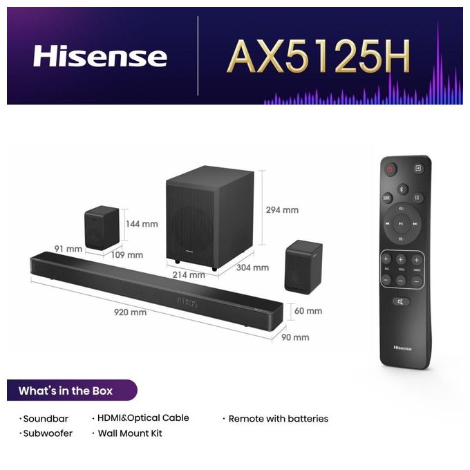 Hisense AX5125H Soundbar 5.1.2 canali 500 W con Subwoofer Wireless e Altoparlanti Posteriori Nero