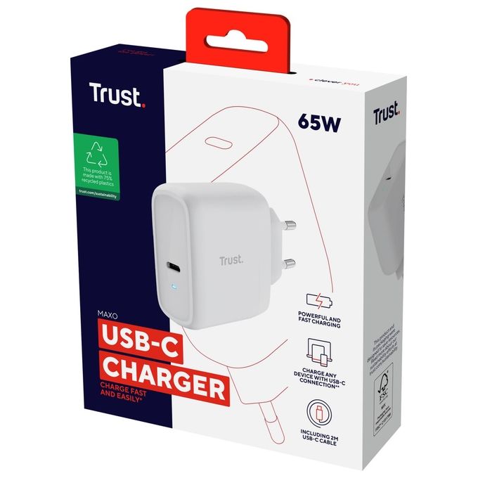 Trust 25139 Maxo Caricatore USB-C 65W con Cavo 2m Tecnologia USB PD 3.0 Protezioni Integrate colore Bianco
