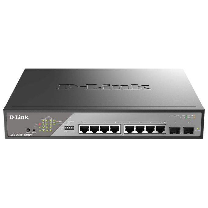 D-Link DSS-200G-10MPP Switch di Rete Gestito L2 10 Porte Gigabit Ethernet con 8 Porte PoE 90W 2 Slot SFP 242W Totale PoE 1U colore Nero Grigio