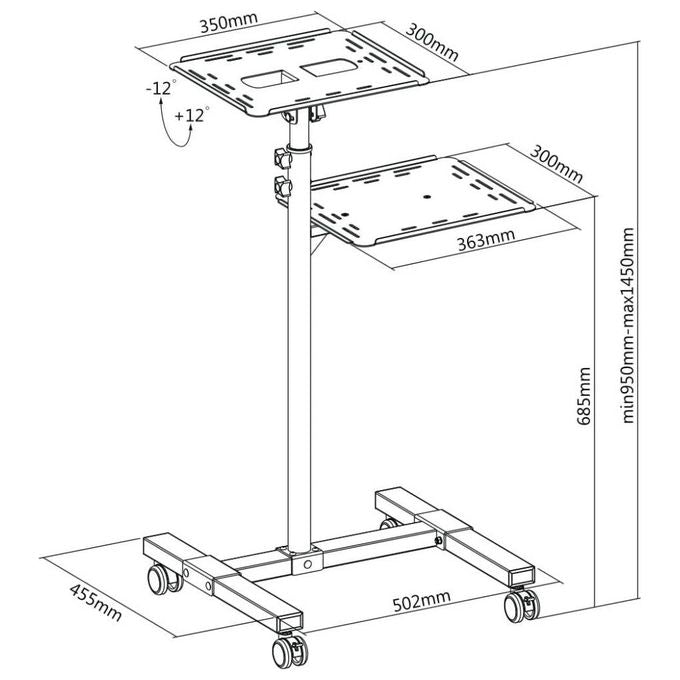 Techly 362145 Carrello per Proiettore Regolabile con 2 Mensole Altezza 950 1450 mm Inclinazione ±12° Portata 10 Kg colore Nero