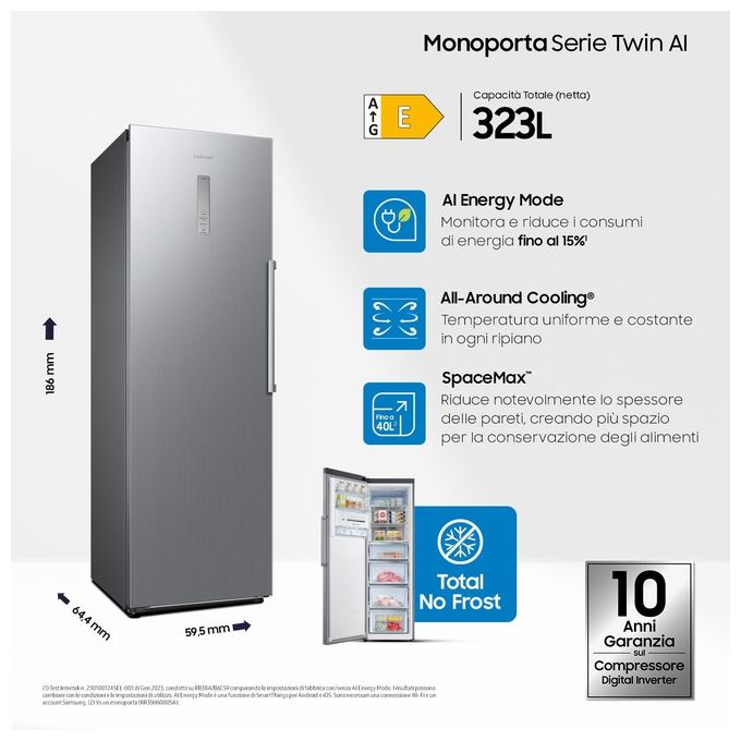 Samsung RZ32C7BBES9 Twin Congelatore Verticale 323 L 186 cm Classe E 36 dB Total No Frost Wi-Fi colore Acciaio Inox