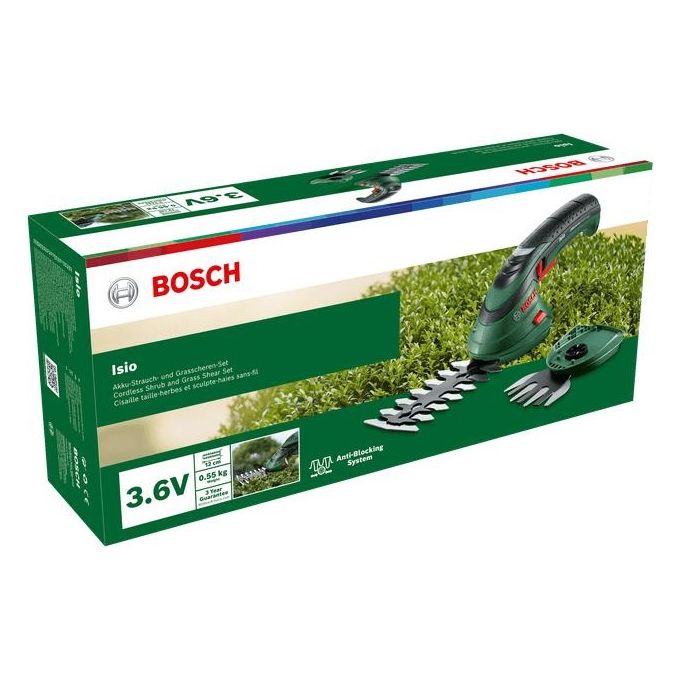Bosch 0600833109 Isio 3 Cesoie per Erba e Rifilasiepi a Batteria 3,6 V con Lama 8 cm e Manico Telescopico colore Verde
