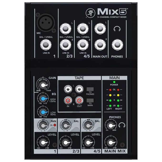 Mackie MIX5 Mix Mixer Analogico Compatto 5 Canali EQ 2 Bande Phantom 48V Uscita Cuffie colore Nero