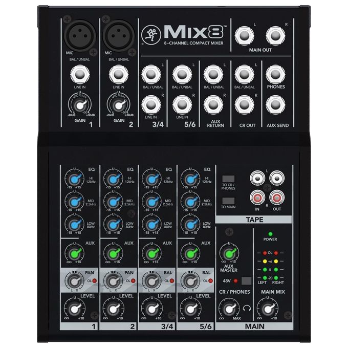 Mackie MIX8 Mixer Analogico Compatto 8 Canali EQ 3 Bande Phantom 48V Preamplificatori Studio colore Nero