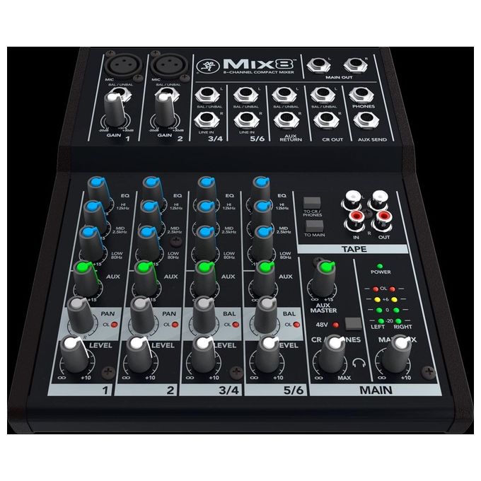 Mackie MIX8 Mixer Analogico Compatto 8 Canali EQ 3 Bande Phantom 48V Preamplificatori Studio colore Nero