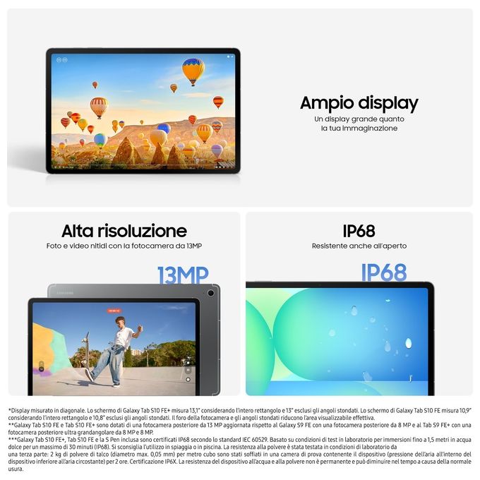 Samsung SM-X520NZAPEUE Galaxy Tab S10 FE Tablet Android 10.9'' 12GB RAM 256GB WiFi 6 S Pen IP68 Android 15 colore Grigio