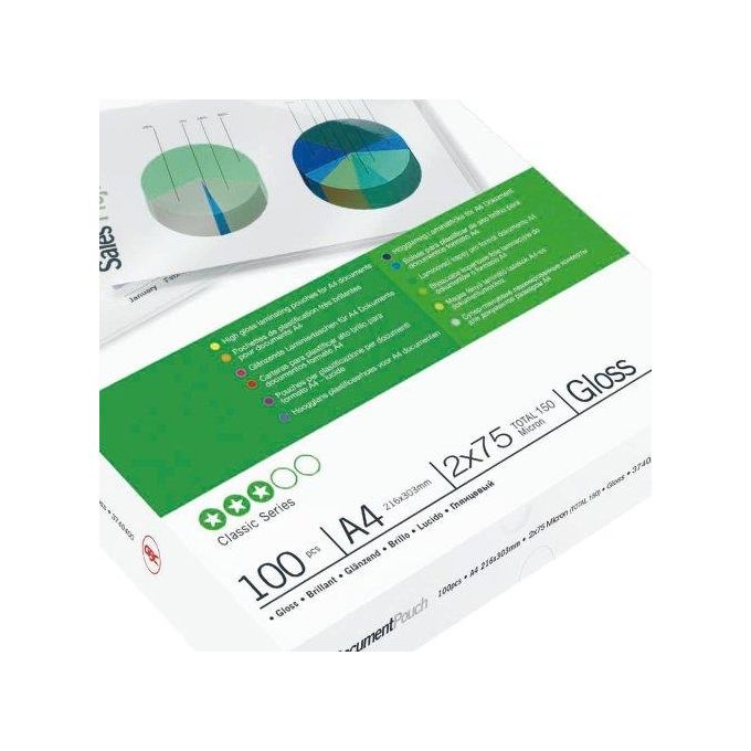 GBC 3740400 Pouches per Plastificatrice A4 2x75 µm finitura lucida conf 100 pz colore Trasparente