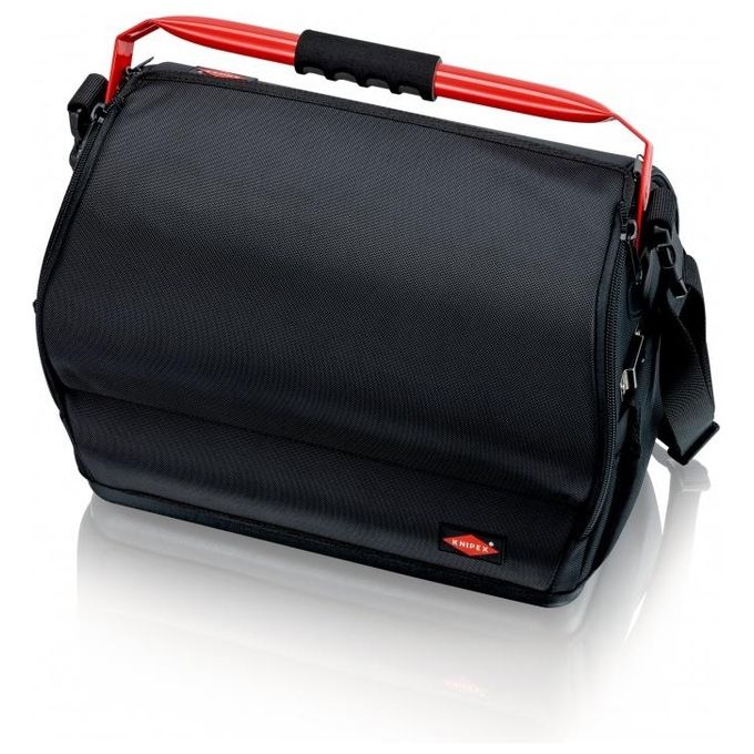 KNIPEX 00 21 08 LE Borsa portautensili LightPack Apribile su entrambi i lati Tessuto poliestere resistente con cerniera e chiusura a strappo Maniglia in acciaio con soft-grip Tracolla regolabile con tasca per cellulare Carico max 20 Kg colore Nero e Rosso