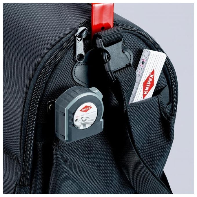 KNIPEX 00 21 08 LE Borsa portautensili LightPack Apribile su entrambi i lati Tessuto poliestere resistente con cerniera e chiusura a strappo Maniglia in acciaio con soft-grip Tracolla regolabile con tasca per cellulare Carico max 20 Kg colore Nero e Rosso