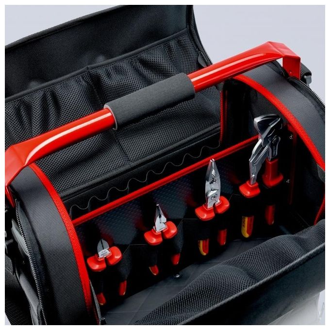 KNIPEX 00 21 08 LE Borsa portautensili LightPack Apribile su entrambi i lati Tessuto poliestere resistente con cerniera e chiusura a strappo Maniglia in acciaio con soft-grip Tracolla regolabile con tasca per cellulare Carico max 20 Kg colore Nero e Rosso