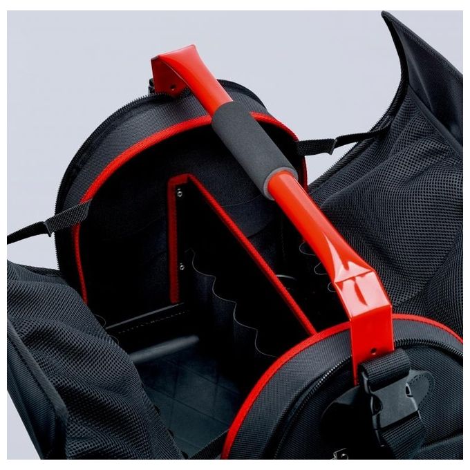 KNIPEX 00 21 08 LE Borsa portautensili LightPack Apribile su entrambi i lati Tessuto poliestere resistente con cerniera e chiusura a strappo Maniglia in acciaio con soft-grip Tracolla regolabile con tasca per cellulare Carico max 20 Kg colore Nero e Rosso