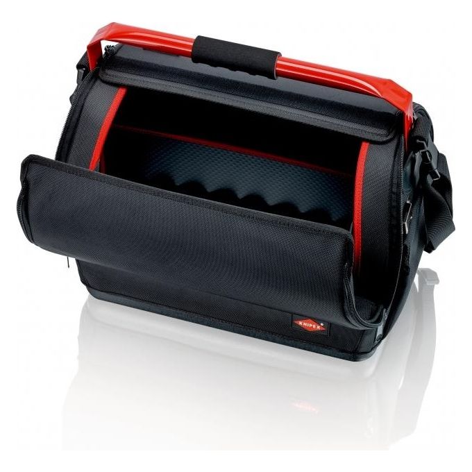 KNIPEX 00 21 08 LE Borsa portautensili LightPack Apribile su entrambi i lati Tessuto poliestere resistente con cerniera e chiusura a strappo Maniglia in acciaio con soft-grip Tracolla regolabile con tasca per cellulare Carico max 20 Kg colore Nero e Rosso