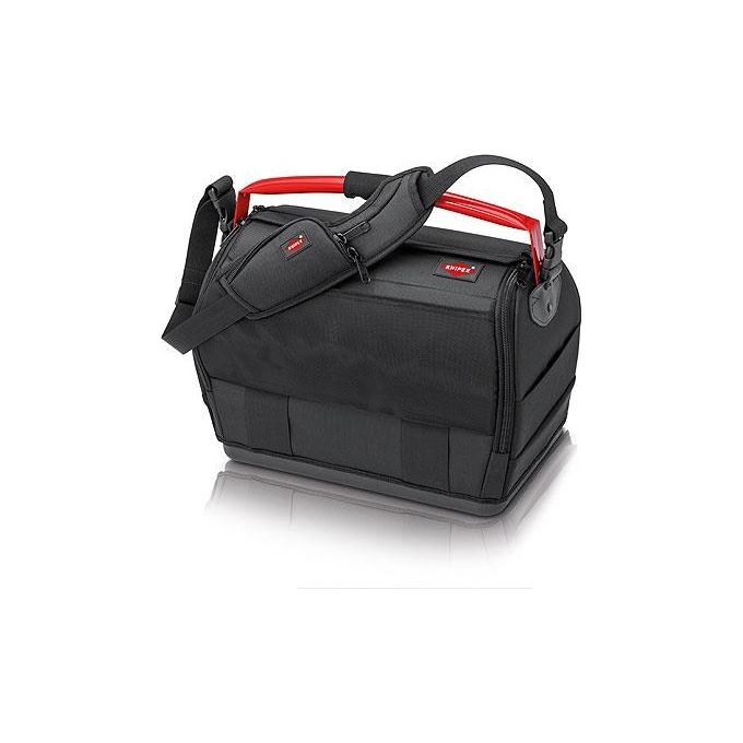 KNIPEX 00 21 08 LE Borsa portautensili LightPack Apribile su entrambi i lati Tessuto poliestere resistente con cerniera e chiusura a strappo Maniglia in acciaio con soft-grip Tracolla regolabile con tasca per cellulare Carico max 20 Kg colore Nero e Rosso