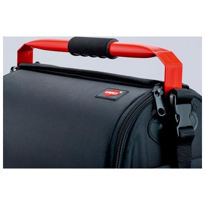 KNIPEX 00 21 08 LE Borsa portautensili LightPack Apribile su entrambi i lati Tessuto poliestere resistente con cerniera e chiusura a strappo Maniglia in acciaio con soft-grip Tracolla regolabile con tasca per cellulare Carico max 20 Kg colore Nero e Rosso