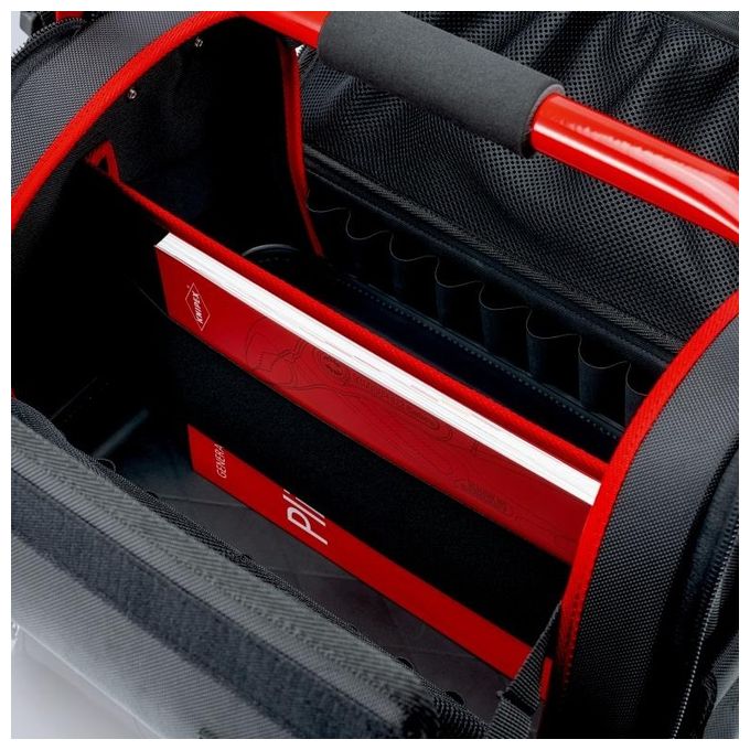KNIPEX 00 21 08 LE Borsa portautensili LightPack Apribile su entrambi i lati Tessuto poliestere resistente con cerniera e chiusura a strappo Maniglia in acciaio con soft-grip Tracolla regolabile con tasca per cellulare Carico max 20 Kg colore Nero e Rosso