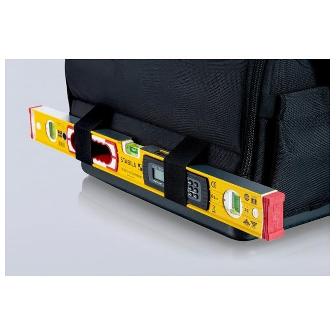 KNIPEX 00 21 08 LE Borsa portautensili LightPack Apribile su entrambi i lati Tessuto poliestere resistente con cerniera e chiusura a strappo Maniglia in acciaio con soft-grip Tracolla regolabile con tasca per cellulare Carico max 20 Kg colore Nero e Rosso