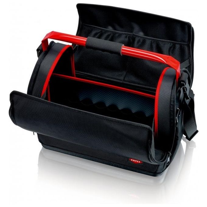 KNIPEX 00 21 08 LE Borsa portautensili LightPack Apribile su entrambi i lati Tessuto poliestere resistente con cerniera e chiusura a strappo Maniglia in acciaio con soft-grip Tracolla regolabile con tasca per cellulare Carico max 20 Kg colore Nero e Rosso