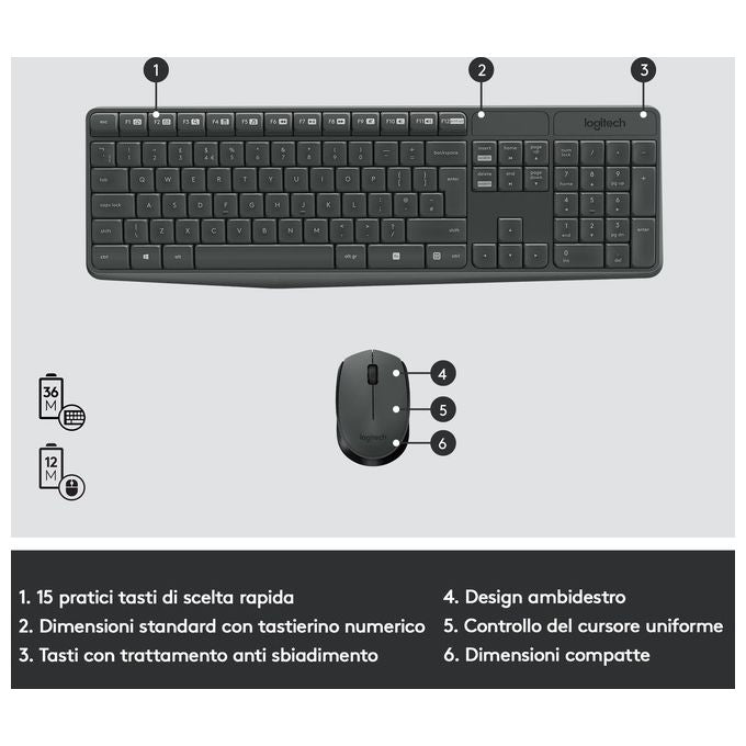 Logitech MK235 Wireless Combo KIT_ Tastiera e Mouse QWERTY Tastiera Italiana Nero-Antracite