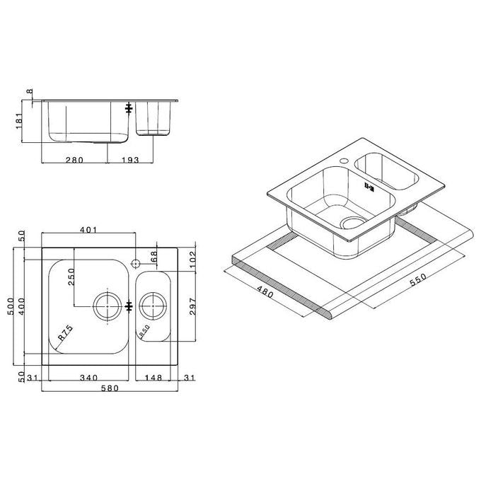 Apell TO3415IBC Serie Torino Lavello Acciaio Spazzolato da Incasso 1 Vasca + 1-2  58x50cm