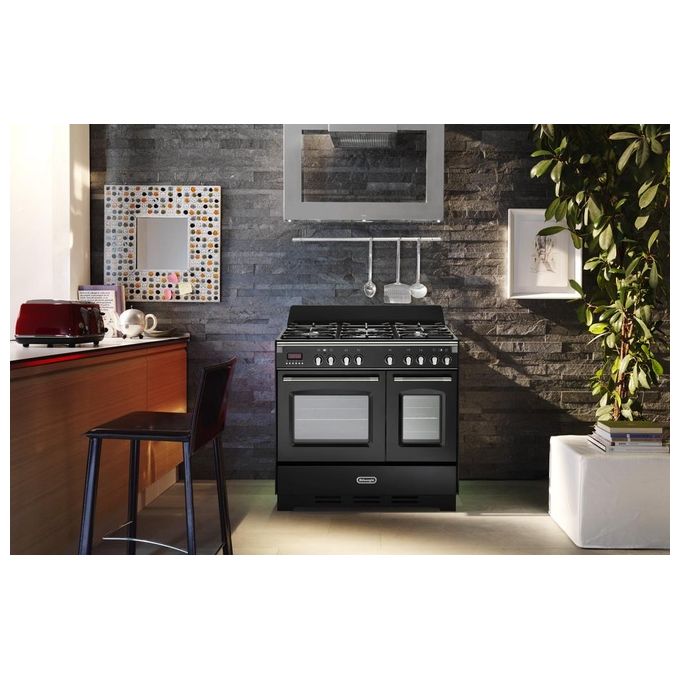 De Longhi MEM 965T NN ED Linea MasterCook Cucina a Gas Libera Installazione Doppio Forno elettrico 5 Fuochi Griglie in Ghisa Classe energetica A-B Bruciatore Tripla Corona Programmatore Elettronico 8 Funzioni 90 cm Nero Brillante