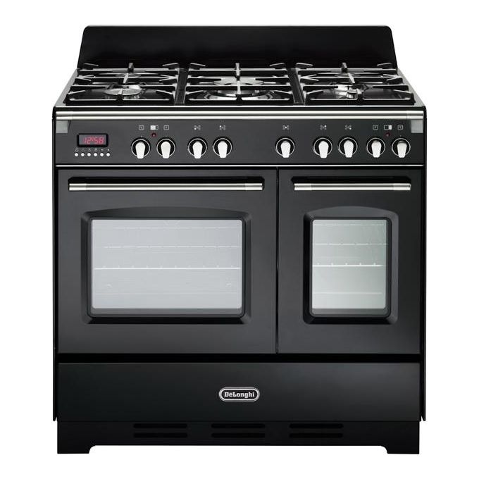 De Longhi MEM 965T NN ED Linea MasterCook Cucina a Gas Libera Installazione Doppio Forno elettrico 5 Fuochi Griglie in Ghisa Classe energetica A-B Bruciatore Tripla Corona Programmatore Elettronico 8 Funzioni 90 cm Nero Brillante