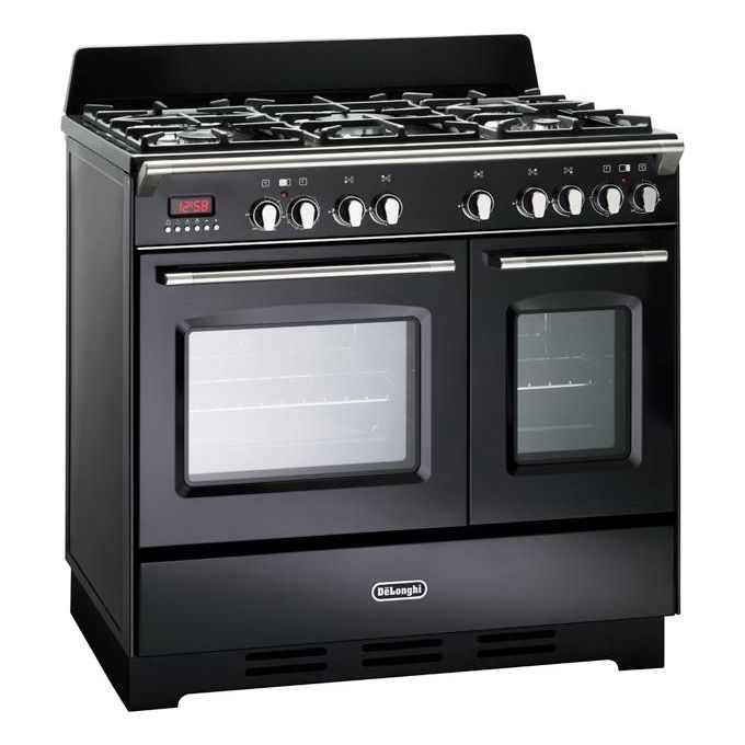 De Longhi MEM 965T NN ED Linea MasterCook Cucina a Gas Libera Installazione Doppio Forno elettrico 5 Fuochi Griglie in Ghisa Classe energetica A-B Bruciatore Tripla Corona Programmatore Elettronico 8 Funzioni 90 cm Nero Brillante