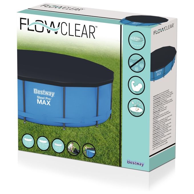 Bestway 58037 Flowclear Telo Copertura Piscina Fuori Terra Rotonda 366 cm PVC con Fori di Drenaggio colore Blu