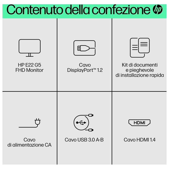 HP E22 G5 Monitor PC 21.5'' Full HD 1920x1080 IPS LED 5ms Regolabile in altezza VESA 100x100 colore Nero Argento