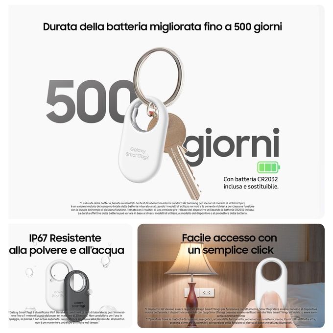 Samsung Galaxy SmartTag2 (1 Pezzo) Localizzatore Bluetooth con Modalita' Smarrito, Design compatto, Batteria a lunga durata, Resistenza IP67, White 2023