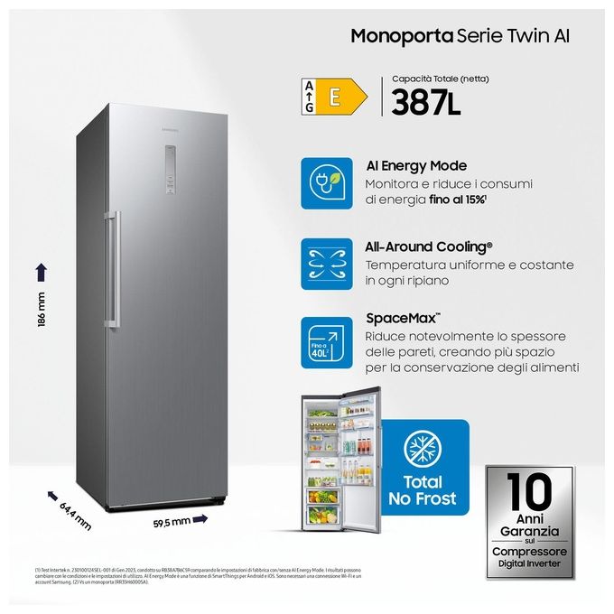 Samsung RR39C7BC5S9 Twin AI Frigorifero Monoporta 387 L 186 cm Classe E 39 dB Total No Frost Wi-Fi colore Inox