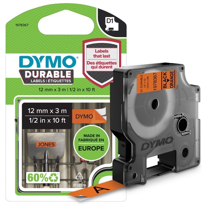 DYMO d1 Durable 12 mm x 3 m nero Arancione Permanente