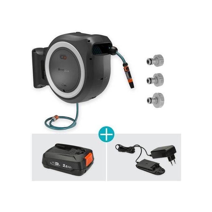 Gardena 18642-20 PowerRoll XL Avvolgitubo a Parete Batteria 18V Tubo 35 m Avvolgimento Automatico colore Nero