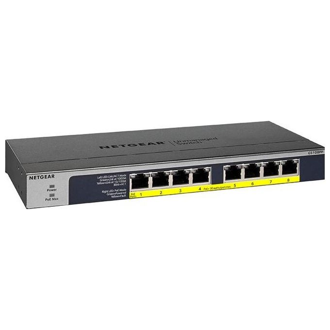 Netgear GS108PP-100EUS Switch Unmanaged Gigabit a 8 porte 10-100-1000Mbps tutte con Poe+ Budget PoE di120W  Supporto di Jumbo Frame  F